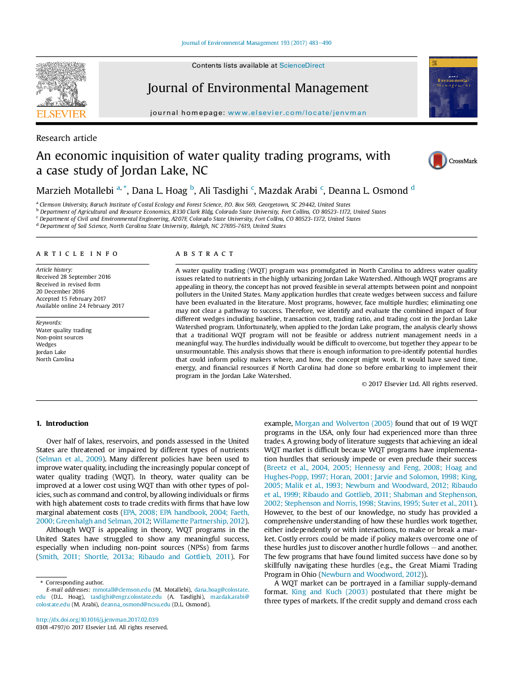 An economic inquisition of water quality trading programs, with a case study of Jordan Lake, NC