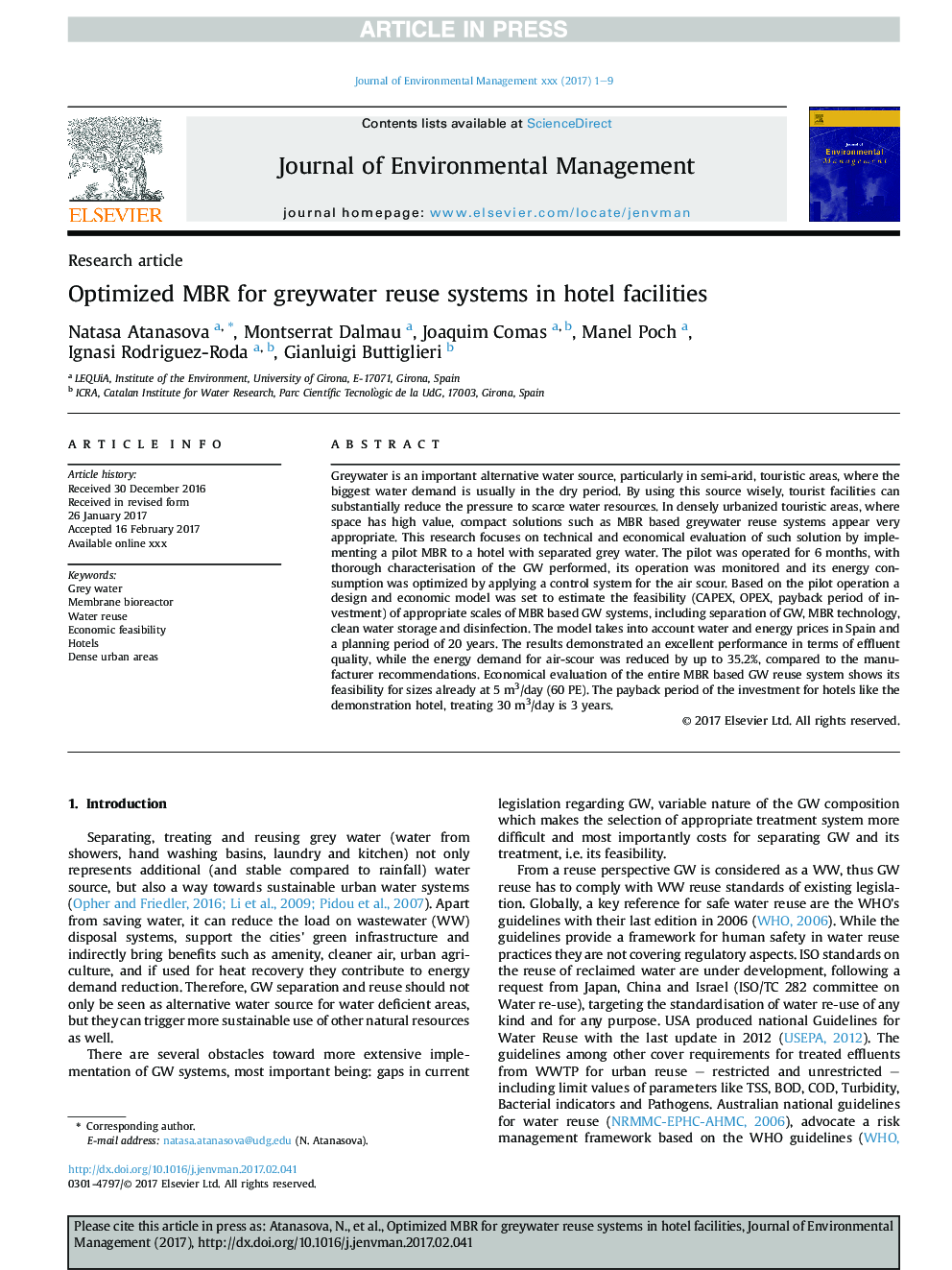 Optimized MBR for greywater reuse systems in hotel facilities