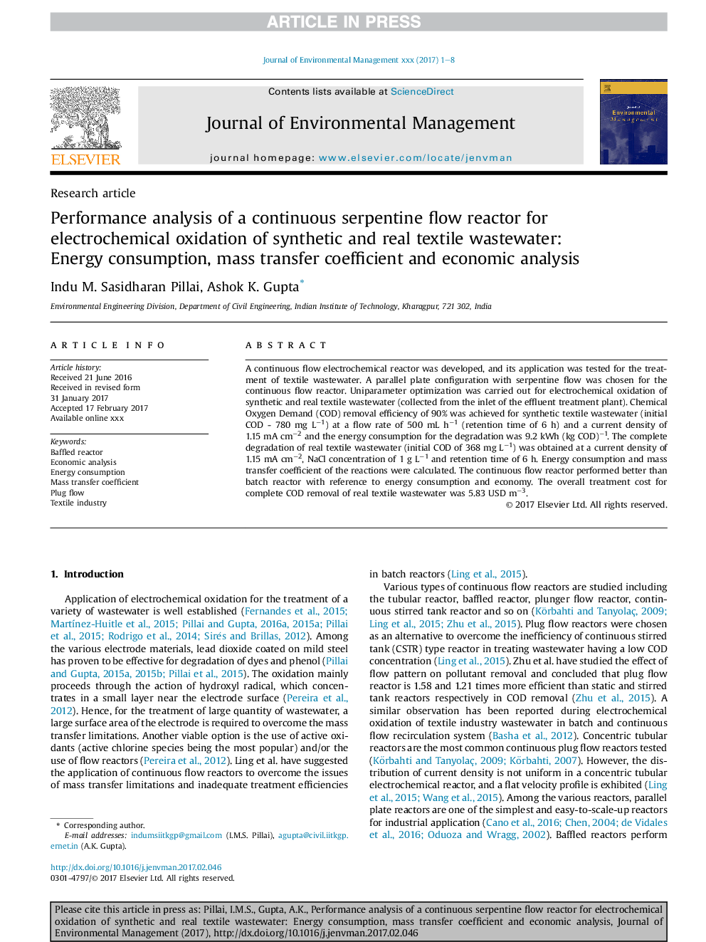 Performance analysis of a continuous serpentine flow reactor for electrochemical oxidation of synthetic and real textile wastewater: Energy consumption, mass transfer coefficient and economic analysis