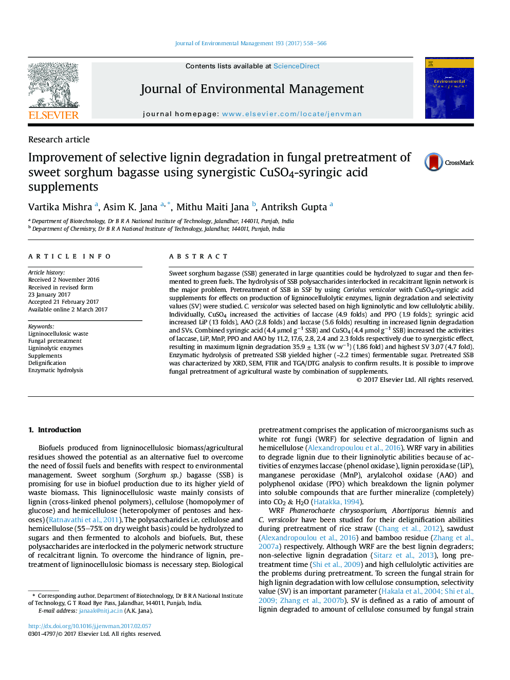 Improvement of selective lignin degradation in fungal pretreatment of sweet sorghum bagasse using synergistic CuSO4-syringic acid supplements