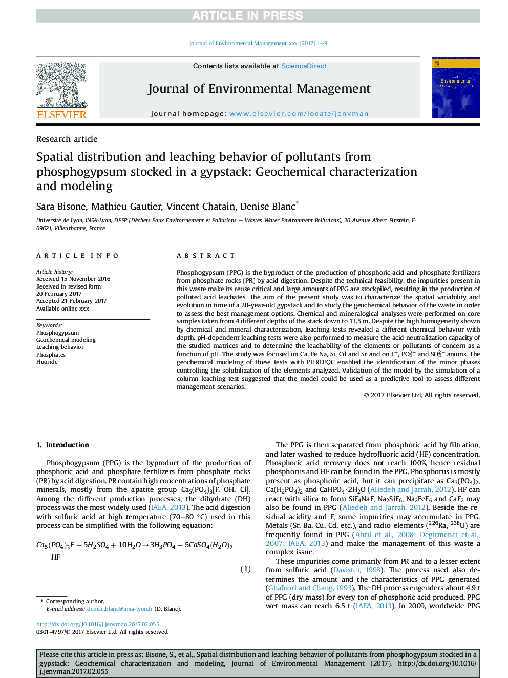 Spatial distribution and leaching behavior of pollutants from phosphogypsum stocked in a gypstack: Geochemical characterization and modeling