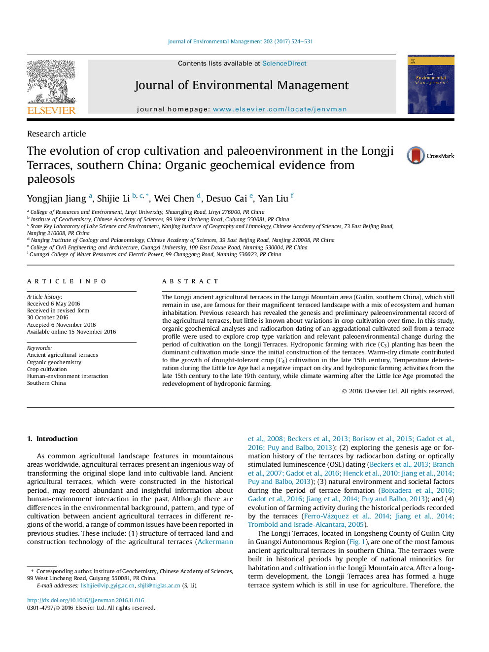 The evolution of crop cultivation and paleoenvironment in the Longji Terraces, southern China: Organic geochemical evidence from paleosols