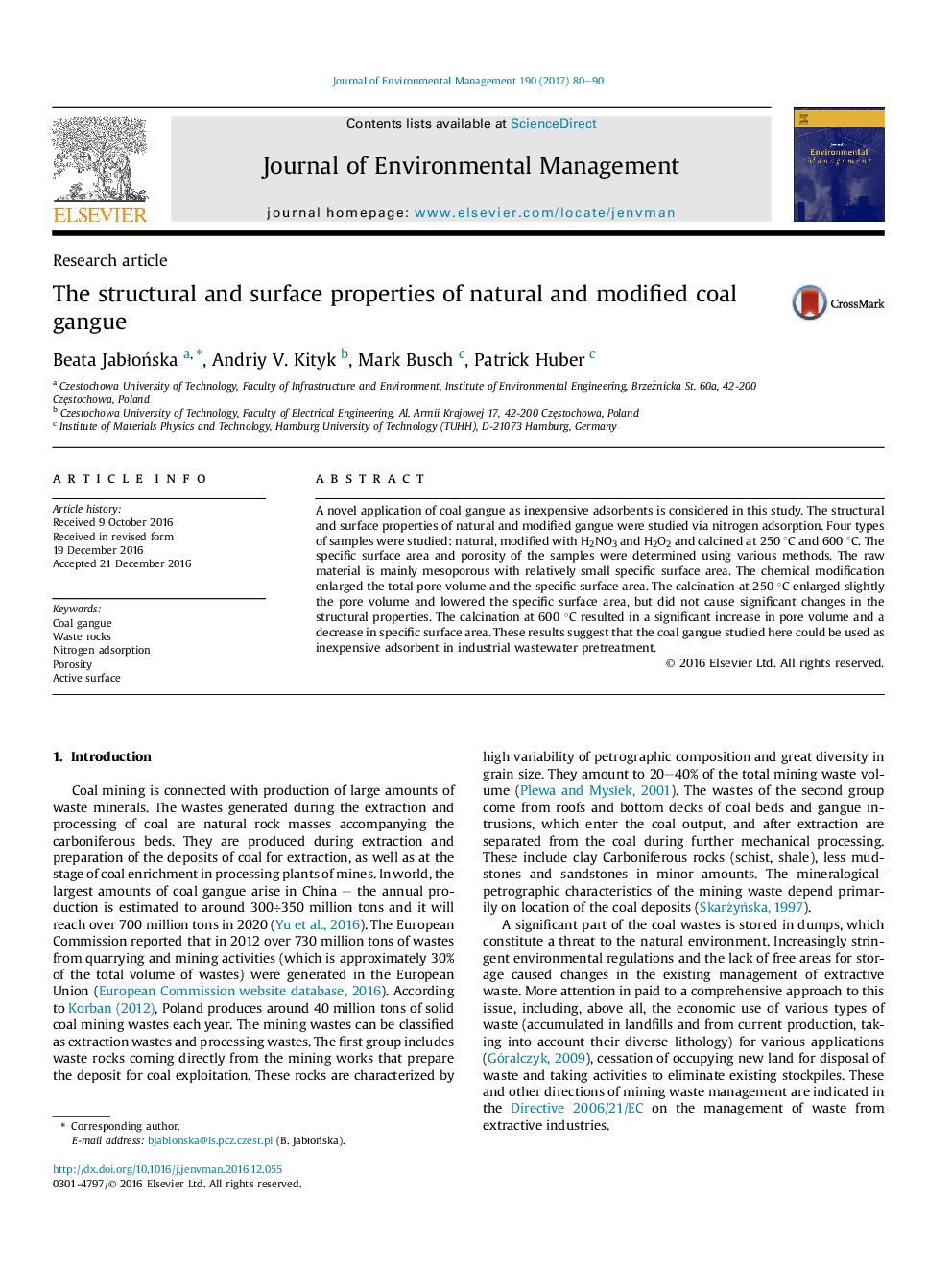 The structural and surface properties of natural and modified coal gangue