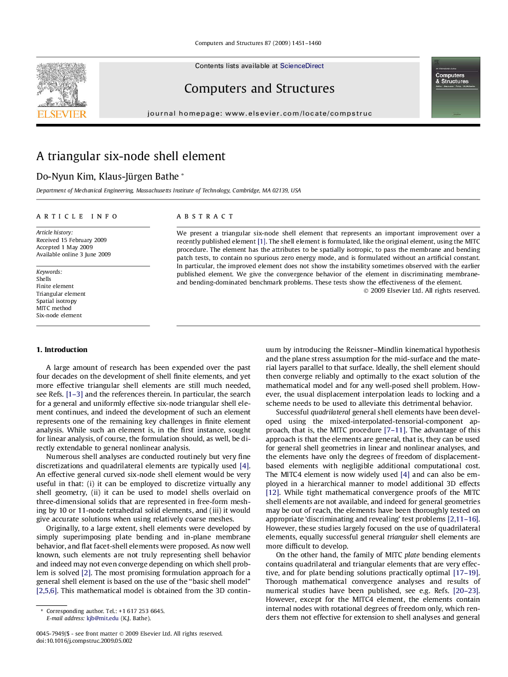 A triangular six-node shell element