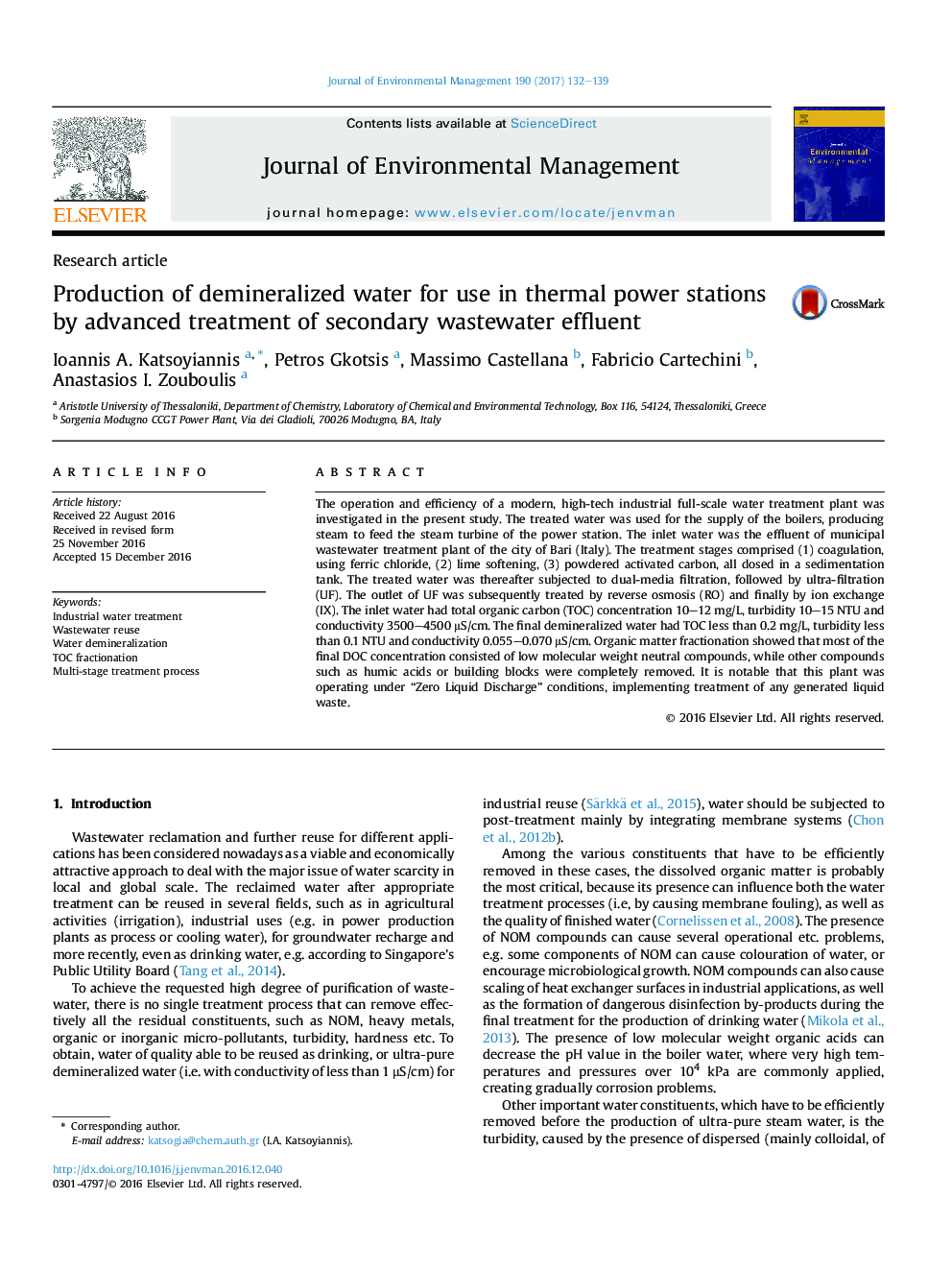 Production of demineralized water for use in thermal power stations by advanced treatment of secondary wastewater effluent