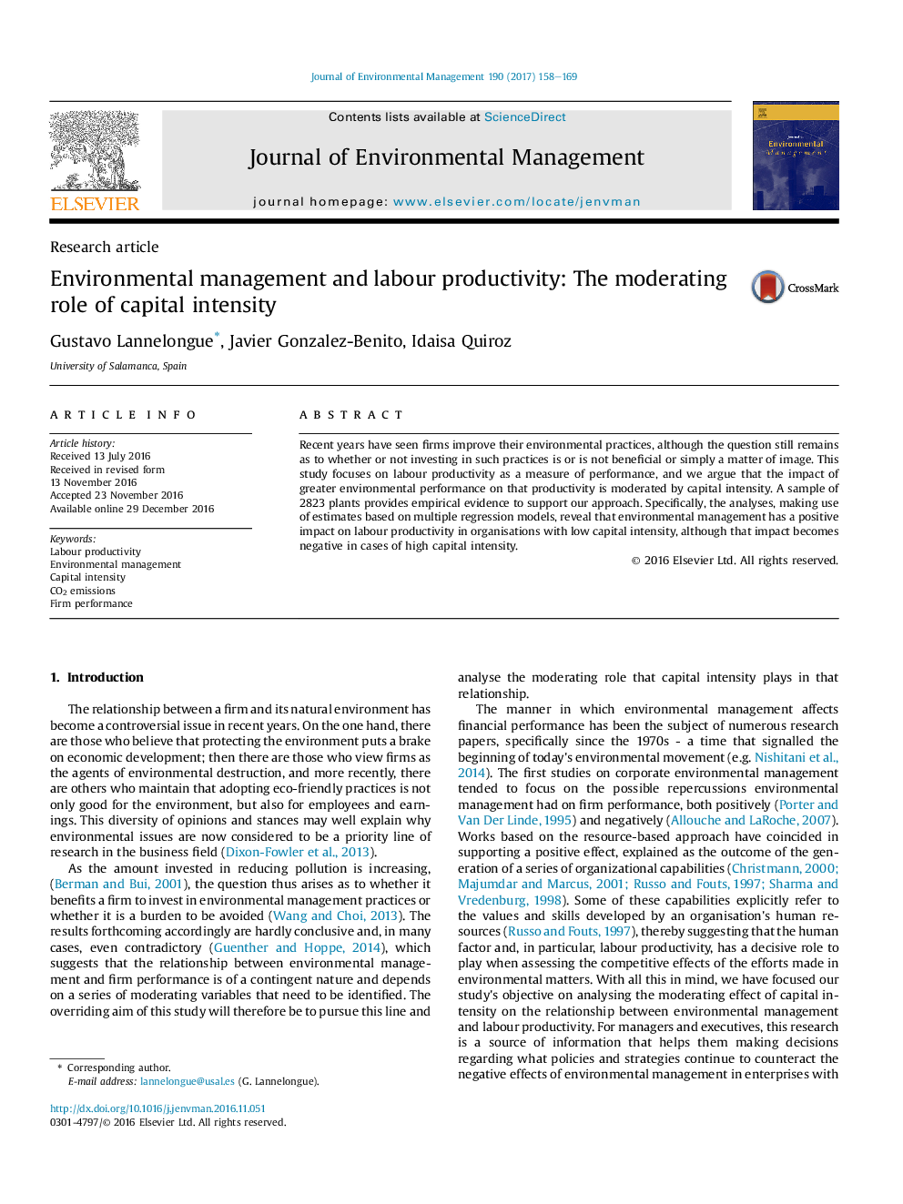 Environmental management and labour productivity: The moderating role of capital intensity