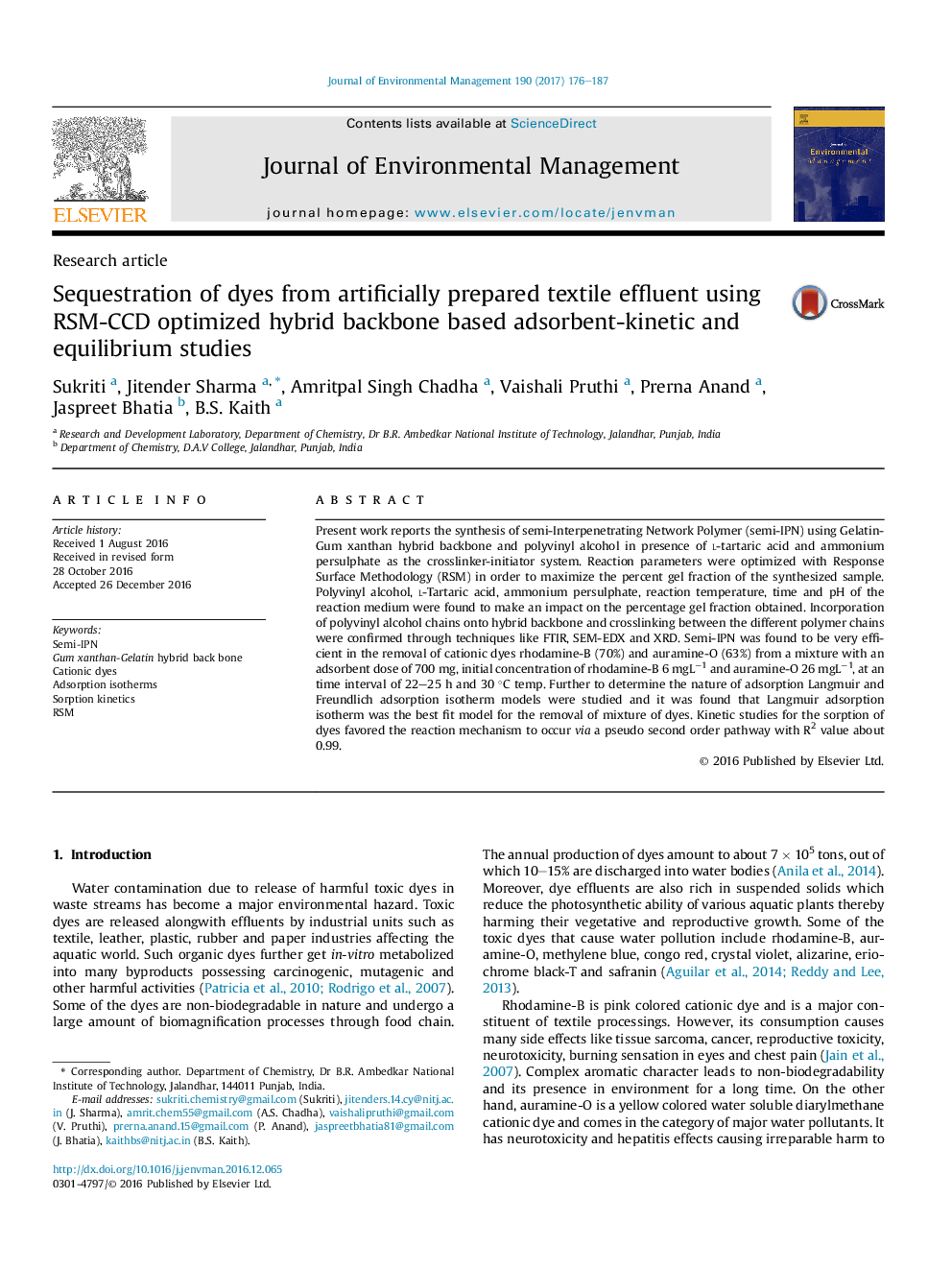 Sequestration of dyes from artificially prepared textile effluent using RSM-CCD optimized hybrid backbone based adsorbent-kinetic and equilibrium studies