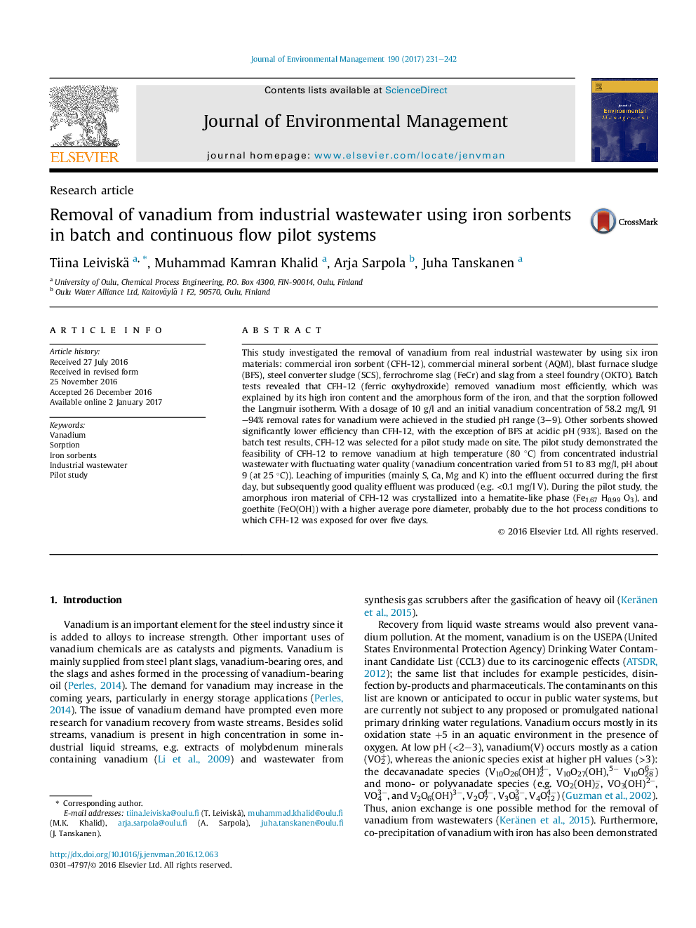 Removal of vanadium from industrial wastewater using iron sorbents in batch and continuous flow pilot systems