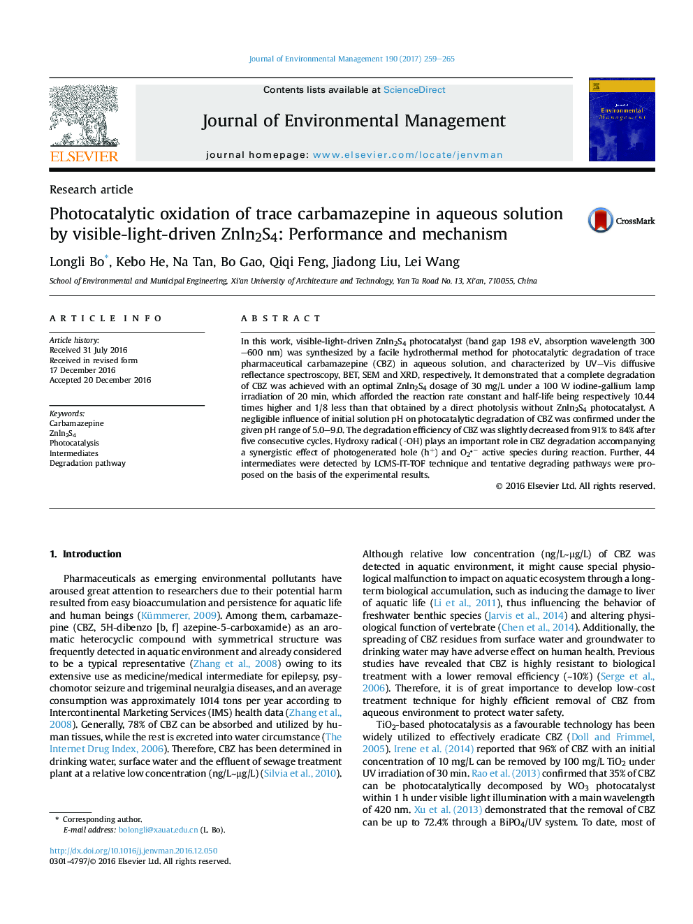 Photocatalytic oxidation of trace carbamazepine in aqueous solution by visible-light-driven Znln2S4: Performance and mechanism