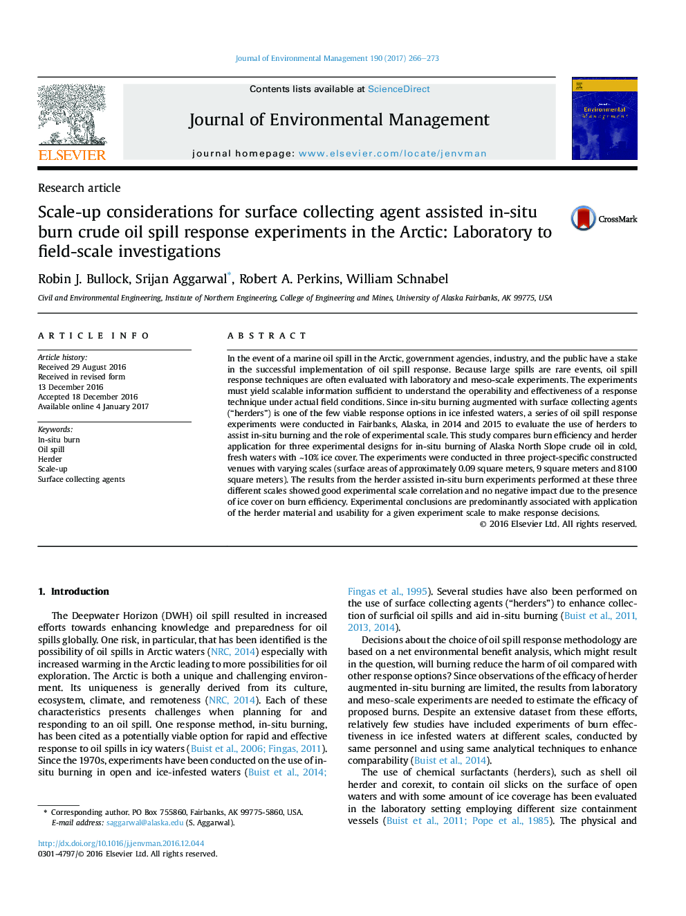 Scale-up considerations for surface collecting agent assisted in-situ burn crude oil spill response experiments in the Arctic: Laboratory to field-scale investigations