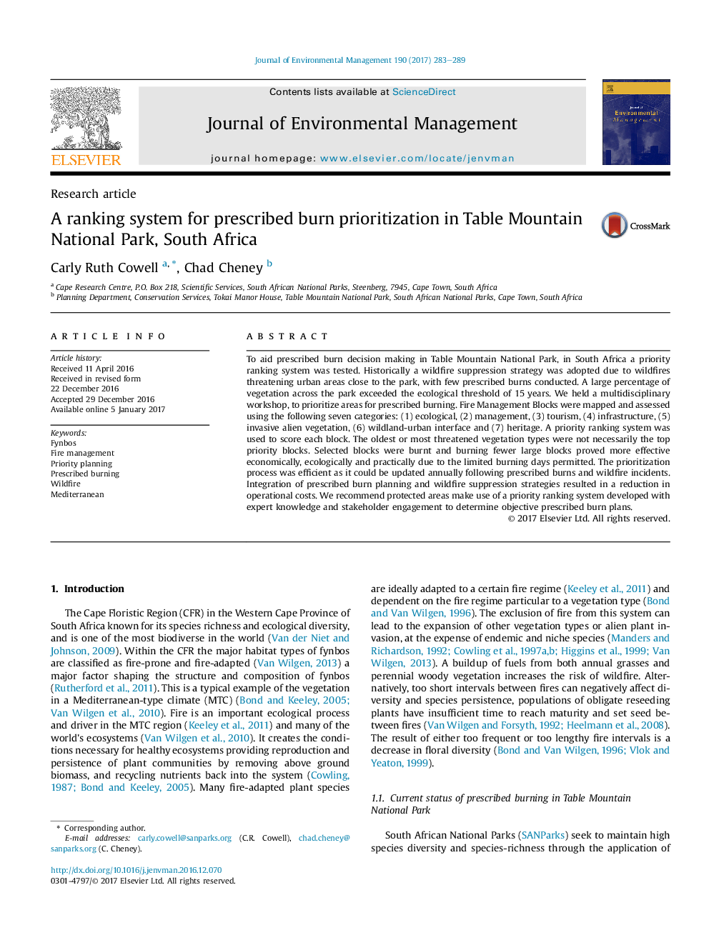 A ranking system for prescribed burn prioritization in TableÂ Mountain National Park, South Africa