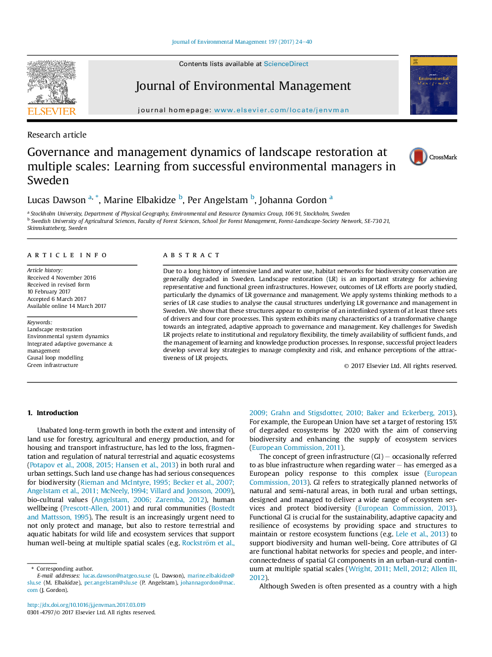 Governance and management dynamics of landscape restoration at multiple scales: Learning from successful environmental managers in Sweden