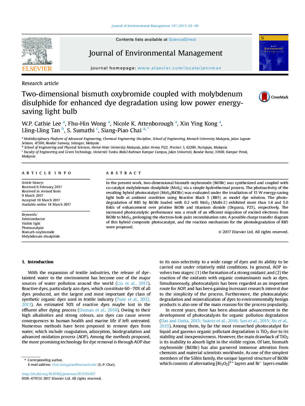 Two-dimensional bismuth oxybromide coupled with molybdenum disulphide for enhanced dye degradation using low power energy-saving light bulb