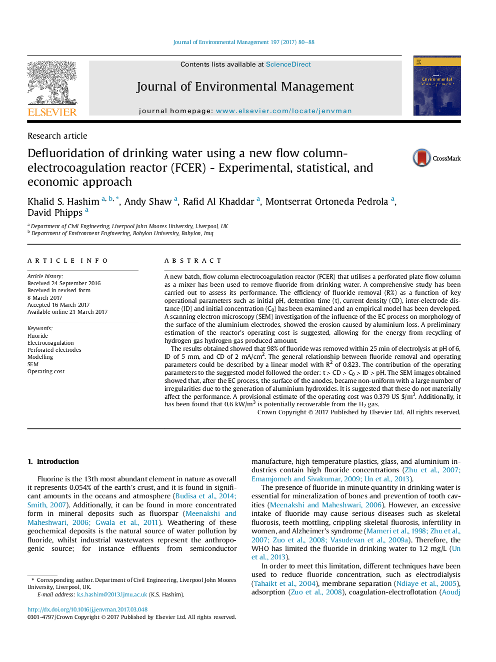 Defluoridation of drinking water using a new flow column-electrocoagulation reactor (FCER) - Experimental, statistical, and economic approach