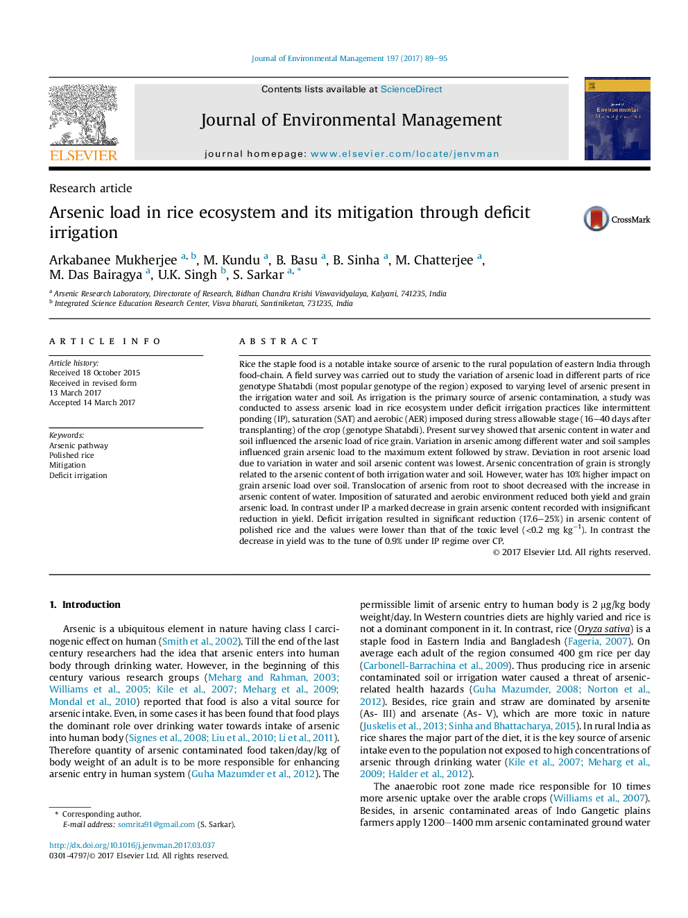 Arsenic load in rice ecosystem and its mitigation through deficit irrigation