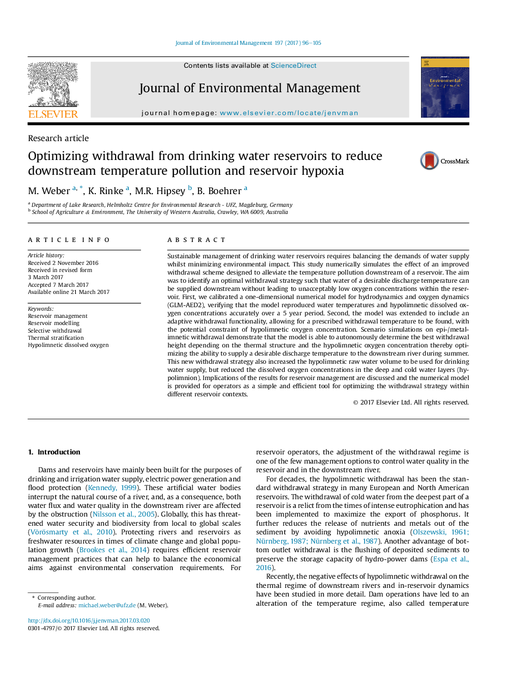 Optimizing withdrawal from drinking water reservoirs to reduce downstream temperature pollution and reservoir hypoxia