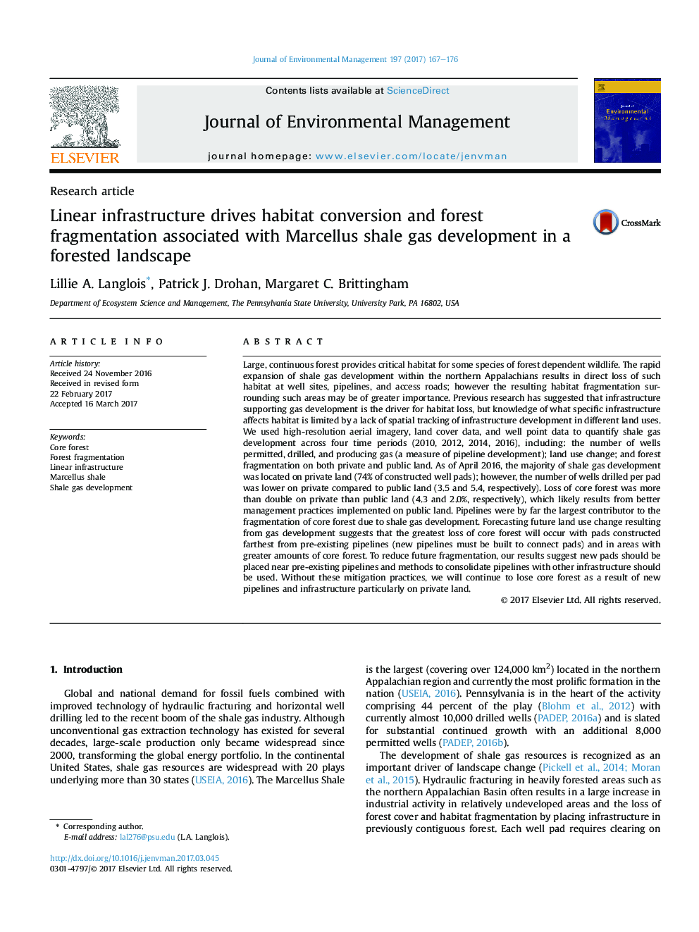 Linear infrastructure drives habitat conversion and forest fragmentation associated with Marcellus shale gas development in a forested landscape