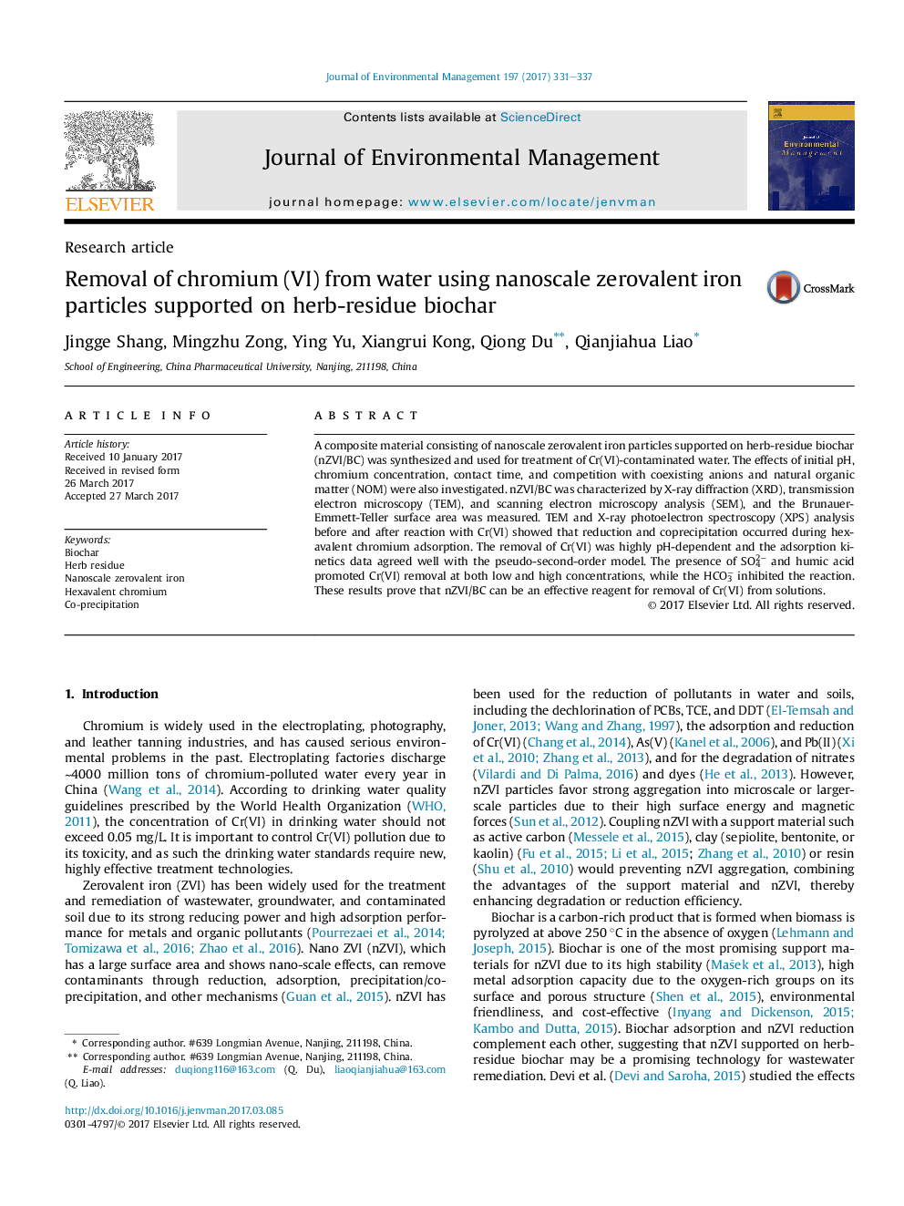 Removal of chromium (VI) from water using nanoscale zerovalent iron particles supported on herb-residue biochar