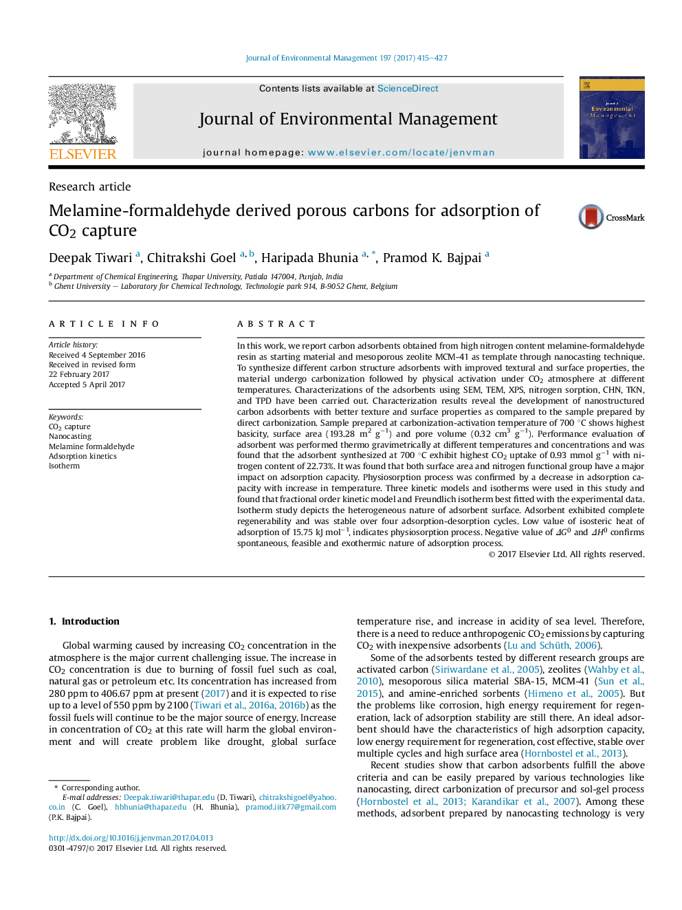 Melamine-formaldehyde derived porous carbons for adsorption of CO2 capture