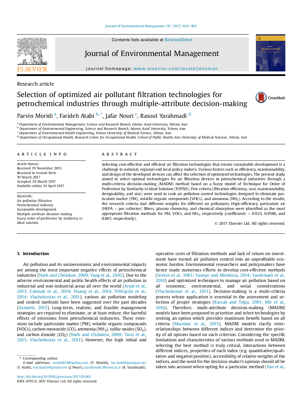 Selection of optimized air pollutant filtration technologies for petrochemical industries through multiple-attribute decision-making