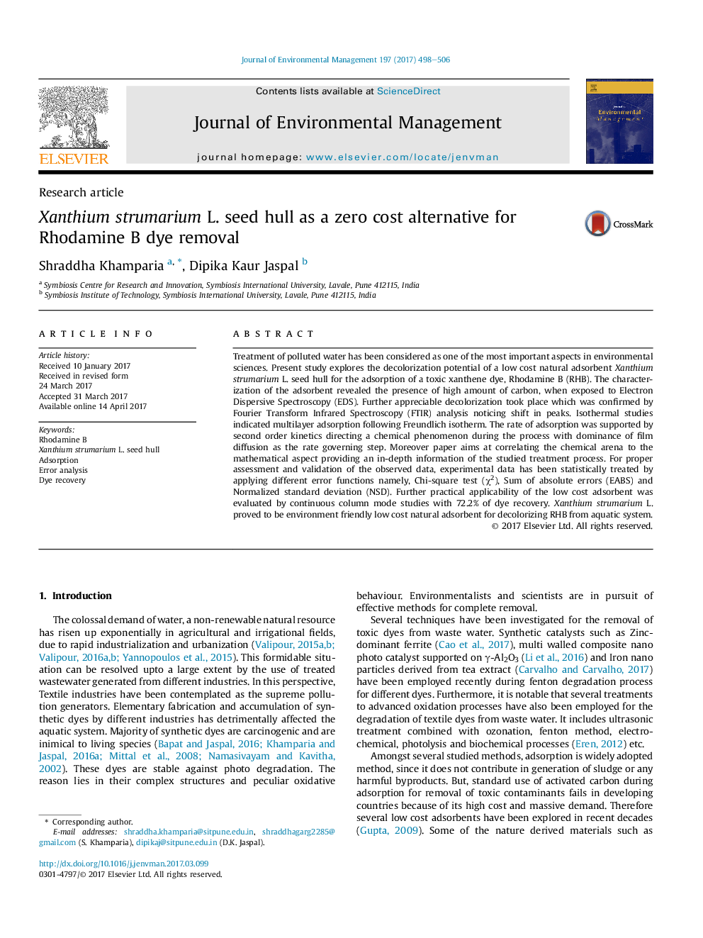 Xanthium strumarium L. seed hull as a zero cost alternative for Rhodamine B dye removal