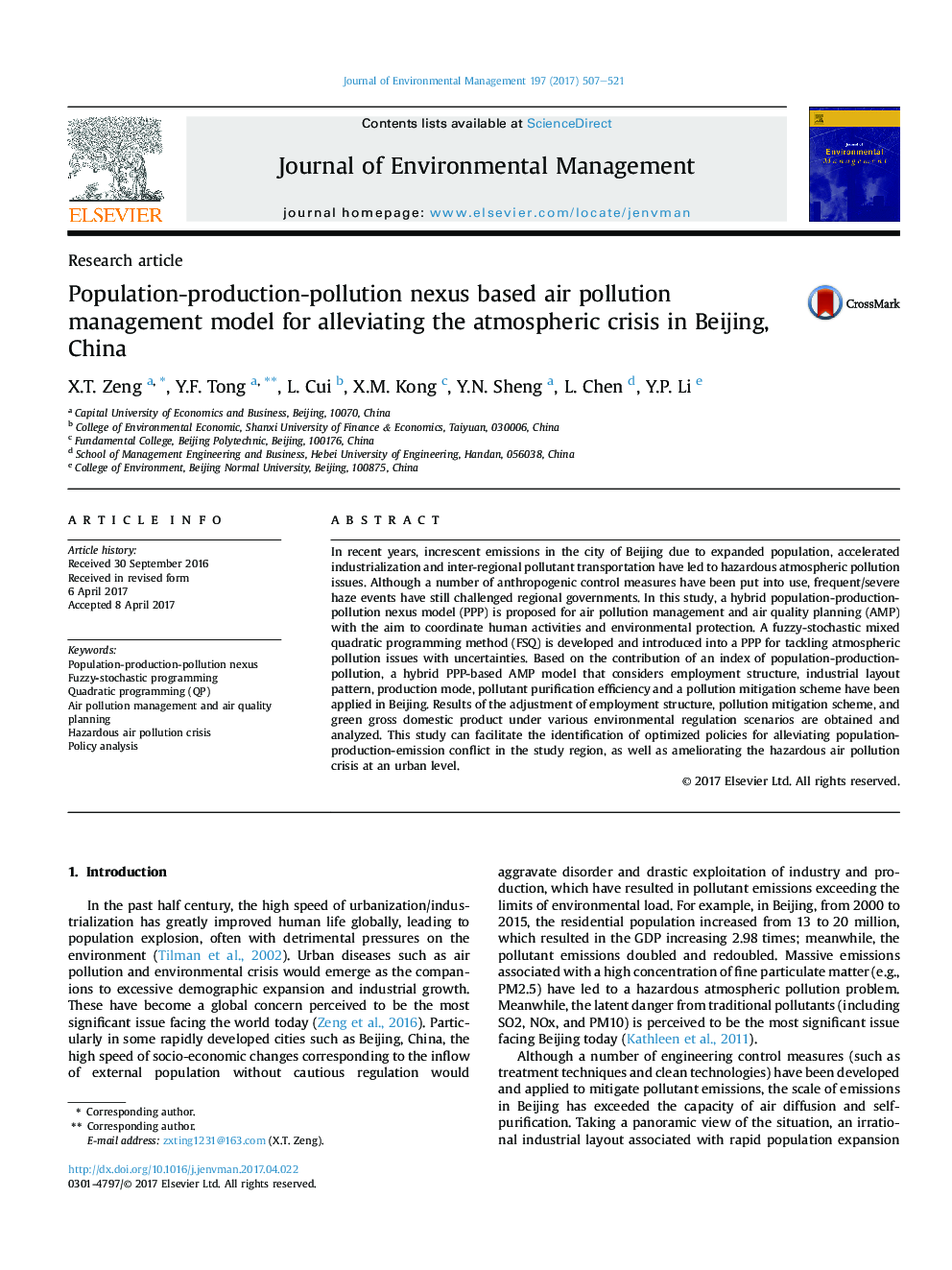 Population-production-pollution nexus based air pollution management model for alleviating the atmospheric crisis in Beijing, China