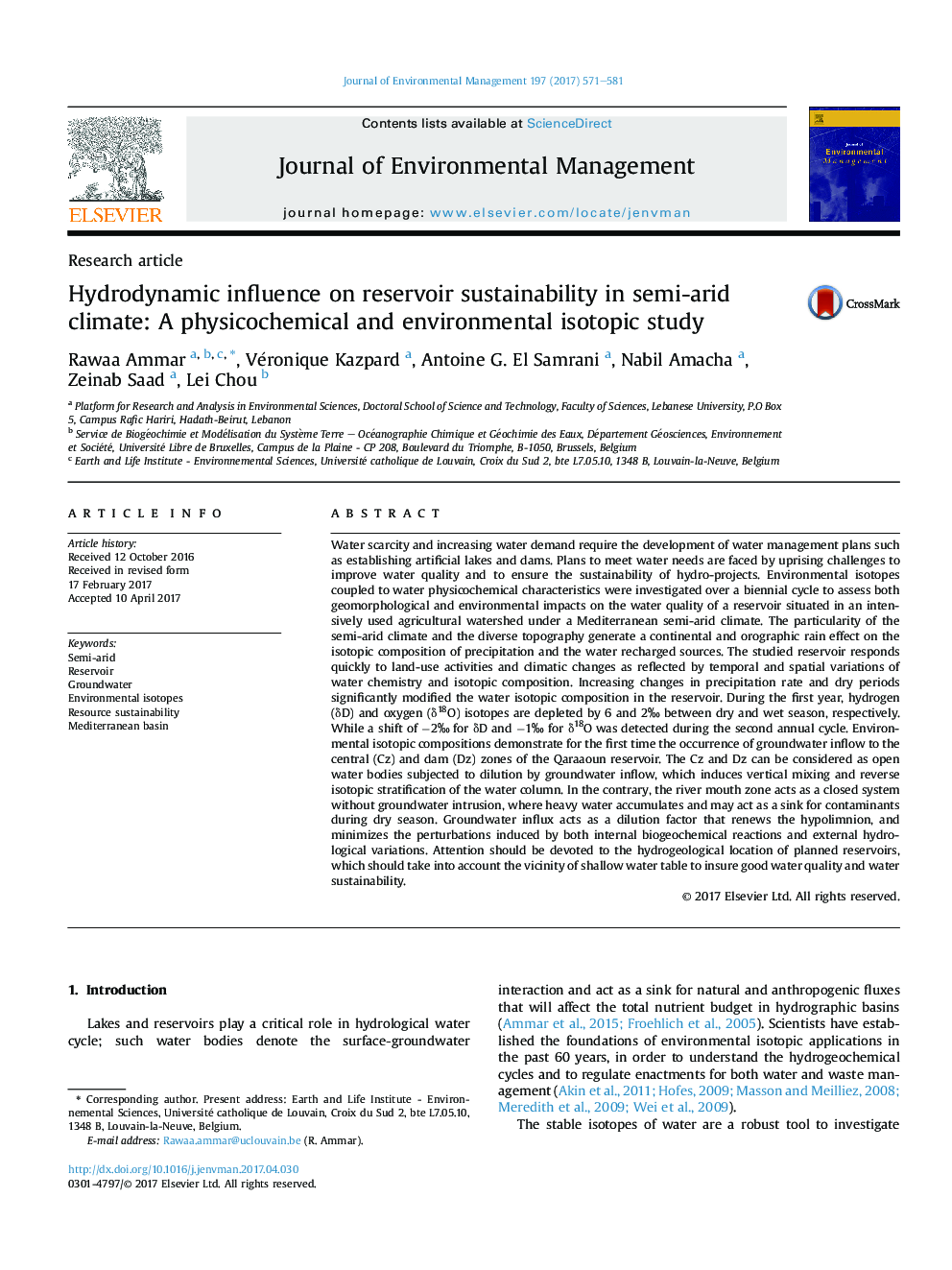 Hydrodynamic influence on reservoir sustainability in semi-arid climate: A physicochemical and environmental isotopic study