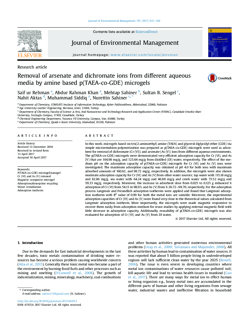 Removal of arsenate and dichromate ions from different aqueous media by amine based p(TAEA-co-GDE) microgels