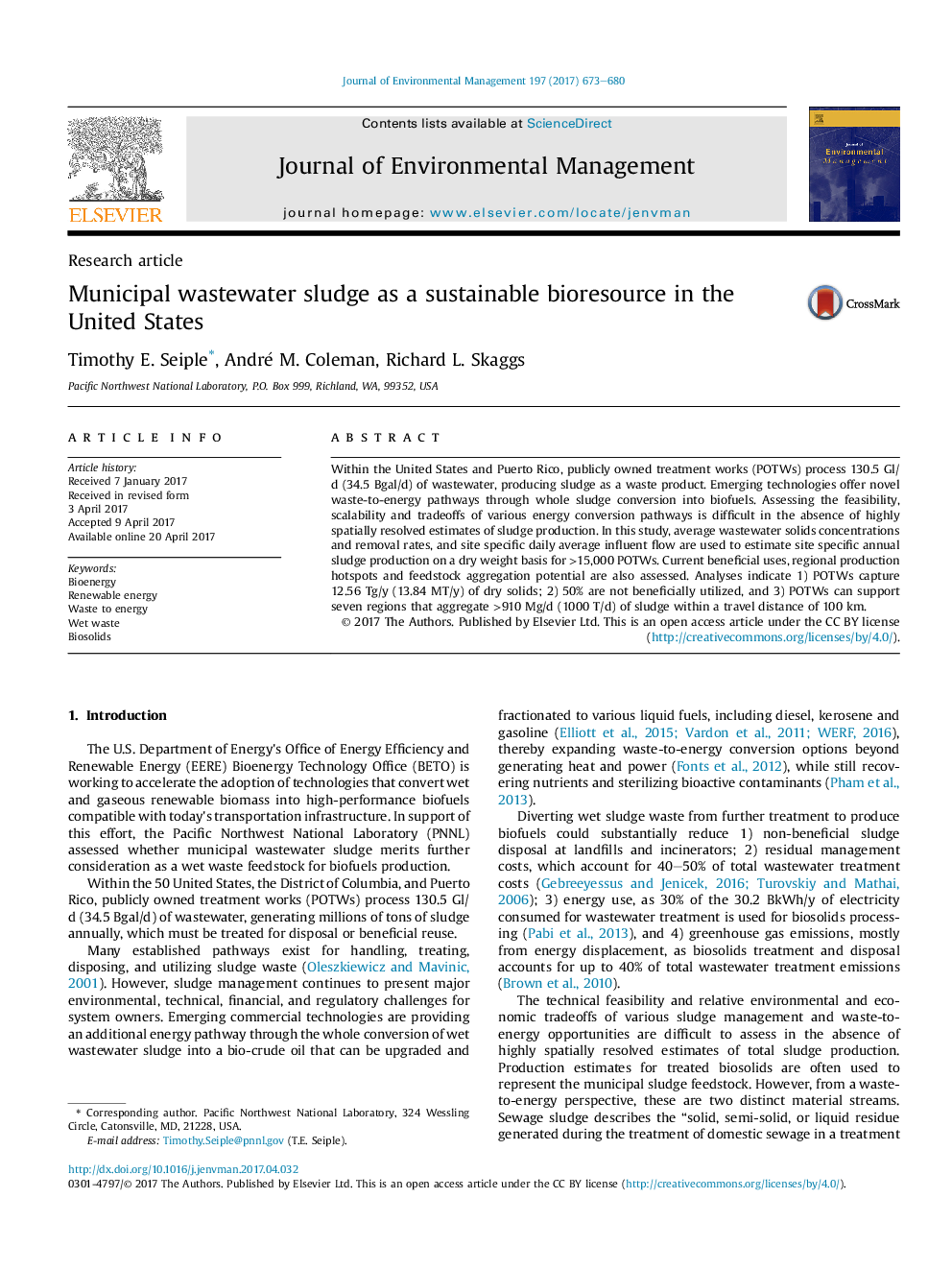 Municipal wastewater sludge as a sustainable bioresource in the United States