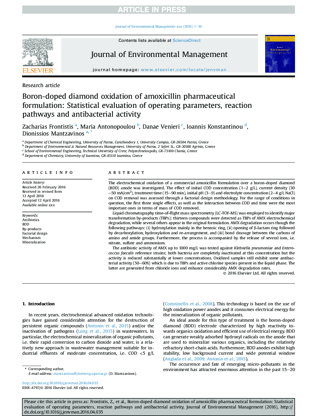 Boron-doped diamond oxidation of amoxicillin pharmaceutical formulation: Statistical evaluation of operating parameters, reaction pathways and antibacterial activity