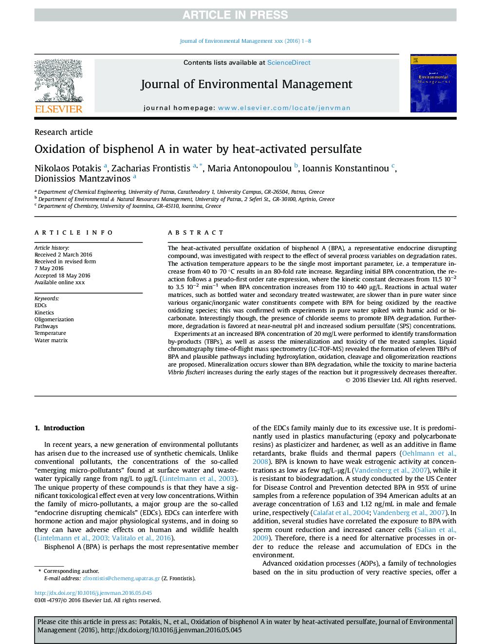 Oxidation of bisphenol A in water by heat-activated persulfate