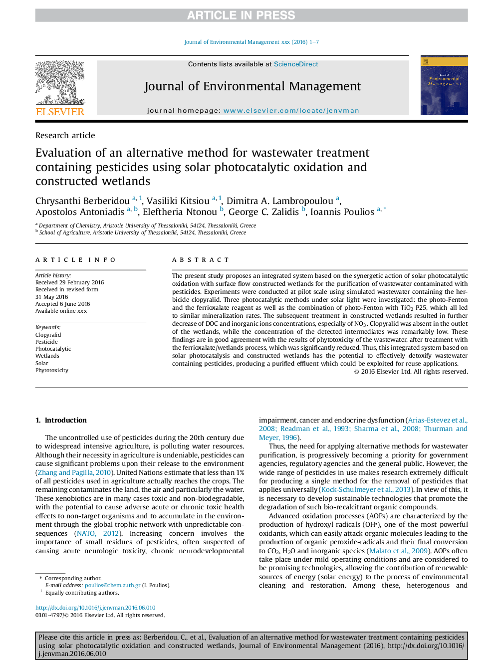 Evaluation of an alternative method for wastewater treatment containing pesticides using solar photocatalytic oxidation and constructed wetlands