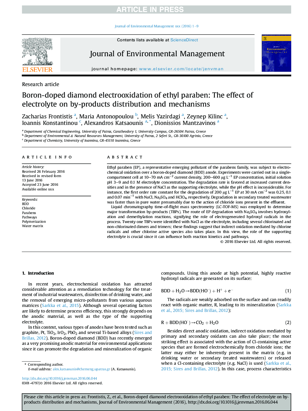 Boron-doped diamond electrooxidation of ethyl paraben: The effect of electrolyte on by-products distribution and mechanisms