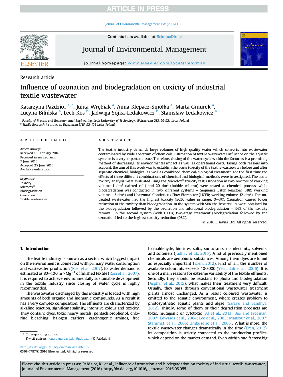 Influence of ozonation and biodegradation on toxicity of industrial textile wastewater