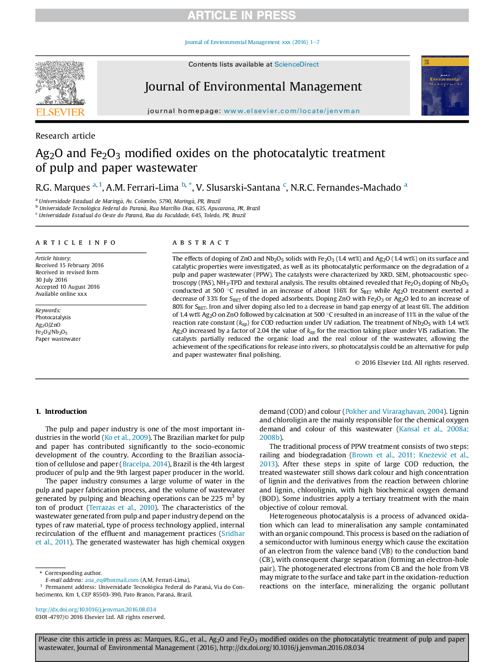 Ag2O and Fe2O3 modified oxides on the photocatalytic treatment of pulp and paper wastewater