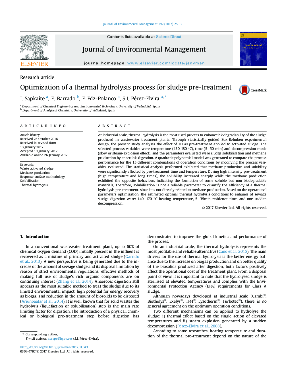 Optimization of a thermal hydrolysis process for sludge pre-treatment