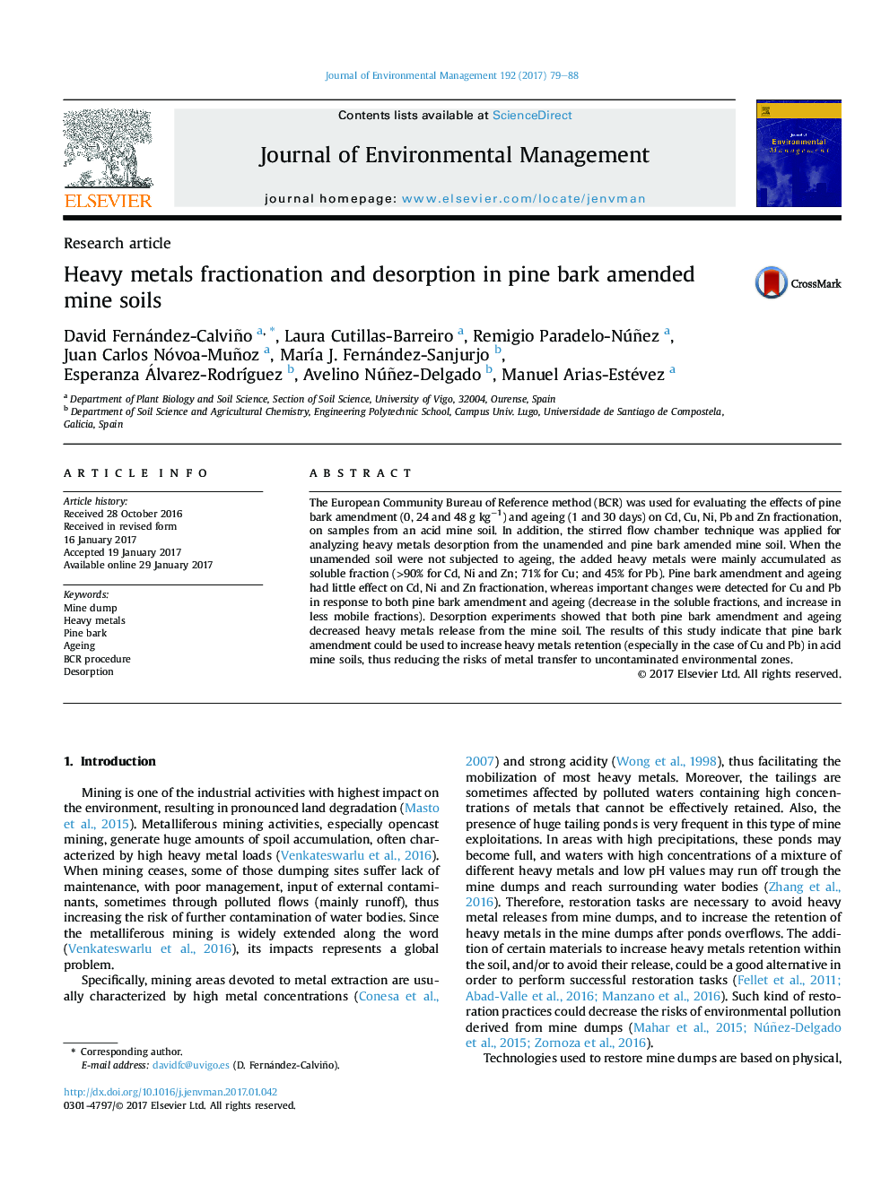 Research articleHeavy metals fractionation and desorption in pine bark amended mine soils