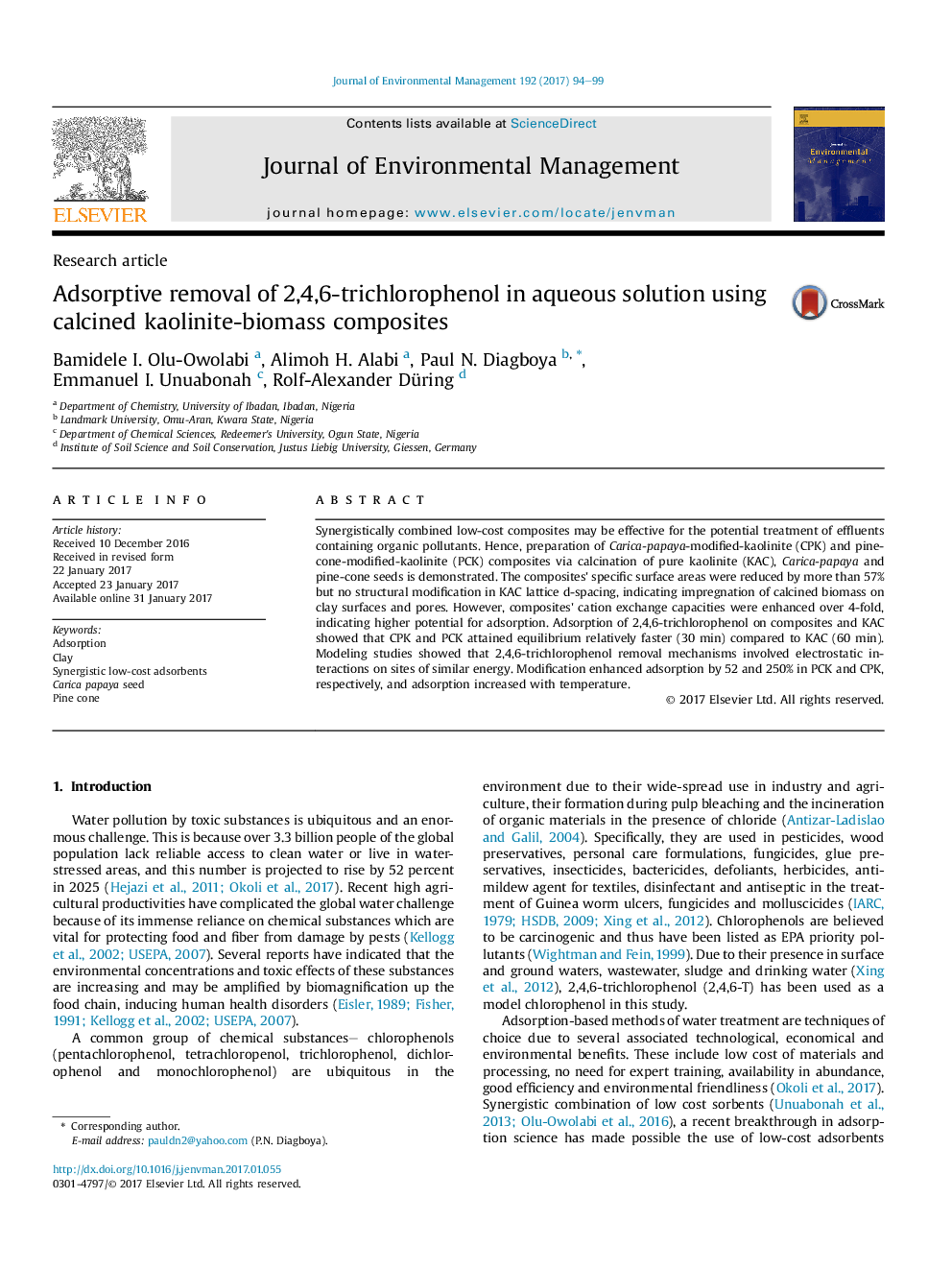 Adsorptive removal of 2,4,6-trichlorophenol in aqueous solution using calcined kaolinite-biomass composites