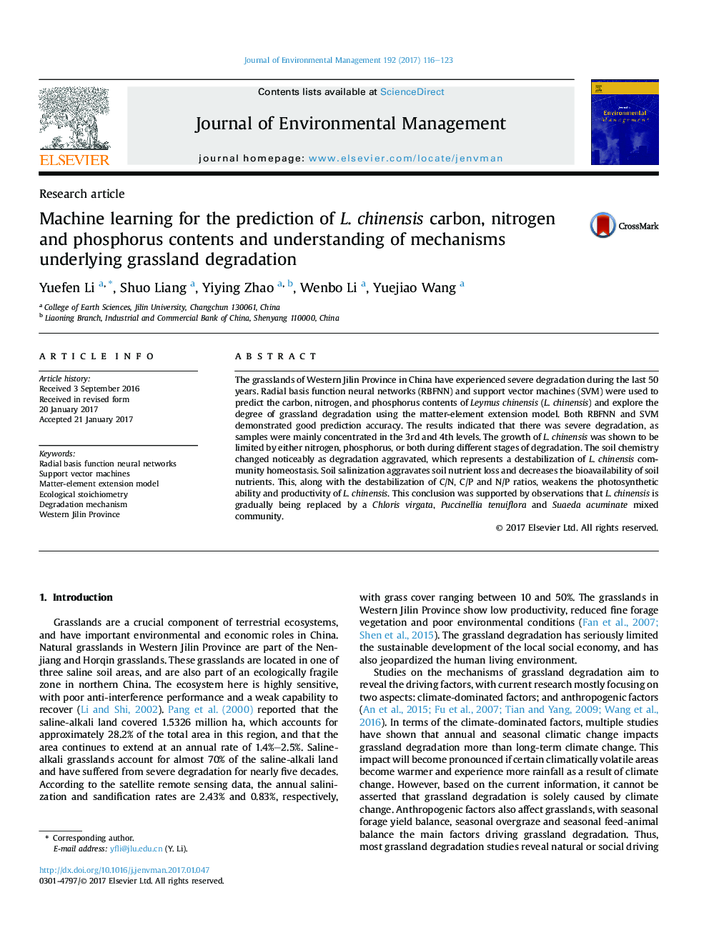 Machine learning for the prediction of L.Â chinensis carbon, nitrogen and phosphorus contents and understanding of mechanisms underlying grassland degradation