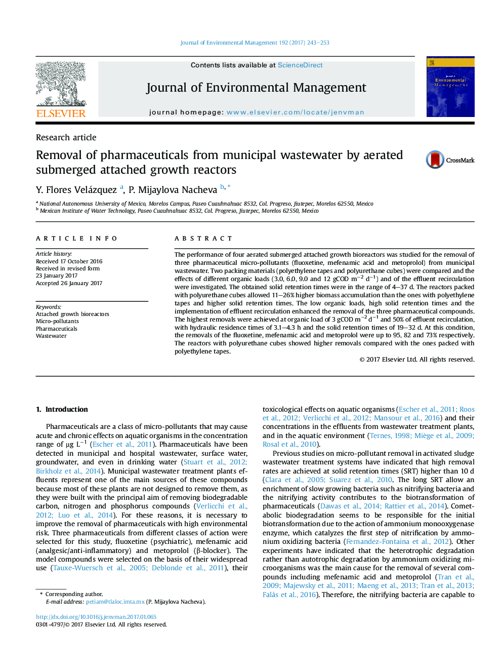 Removal of pharmaceuticals from municipal wastewater by aerated submerged attached growth reactors