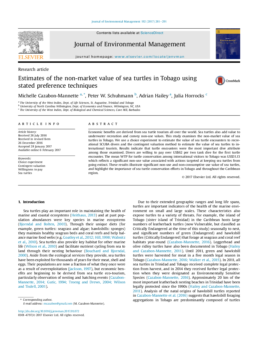 Estimates of the non-market value of sea turtles in Tobago using stated preference techniques