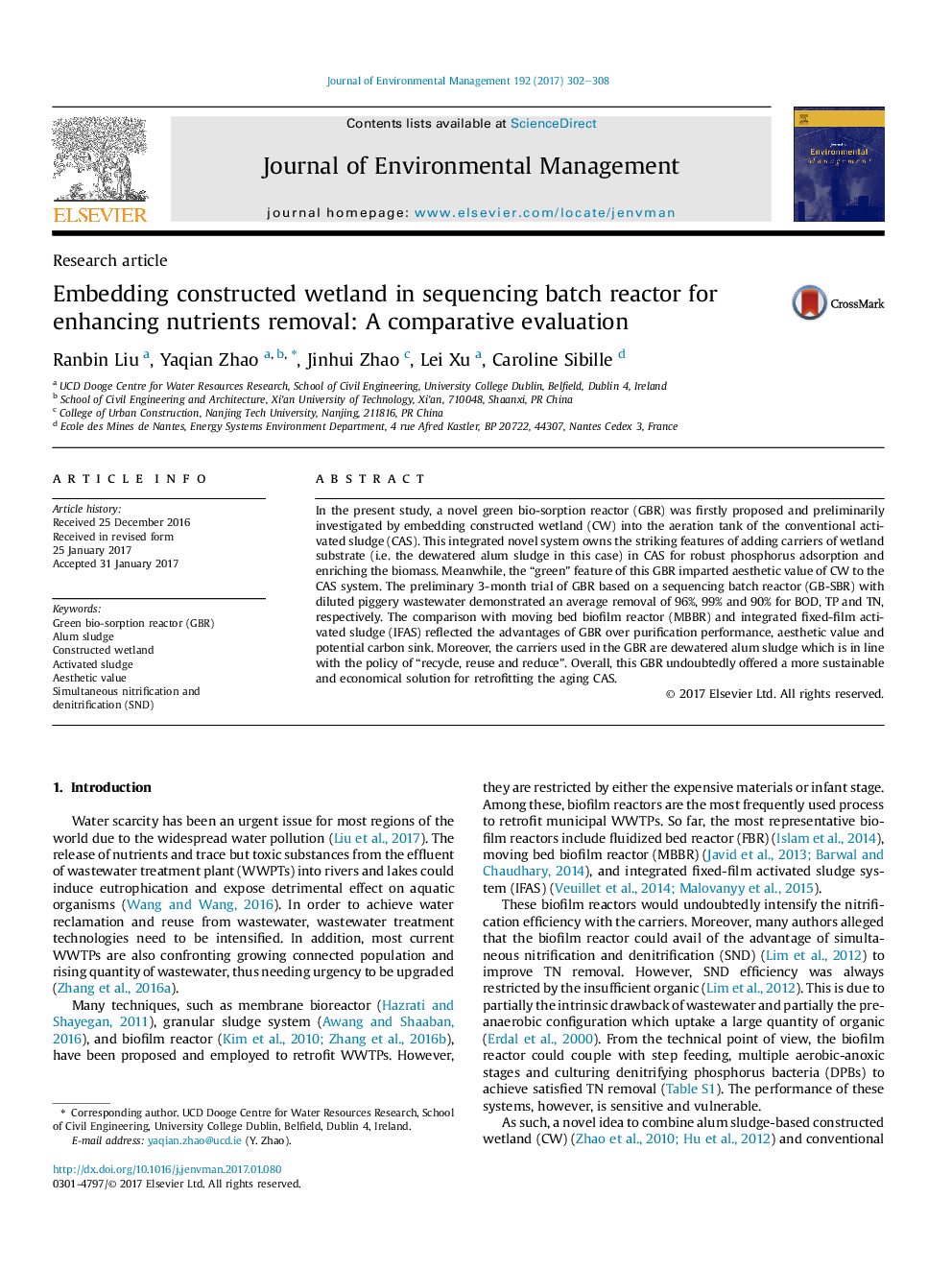 Embedding constructed wetland in sequencing batch reactor for enhancing nutrients removal: A comparative evaluation