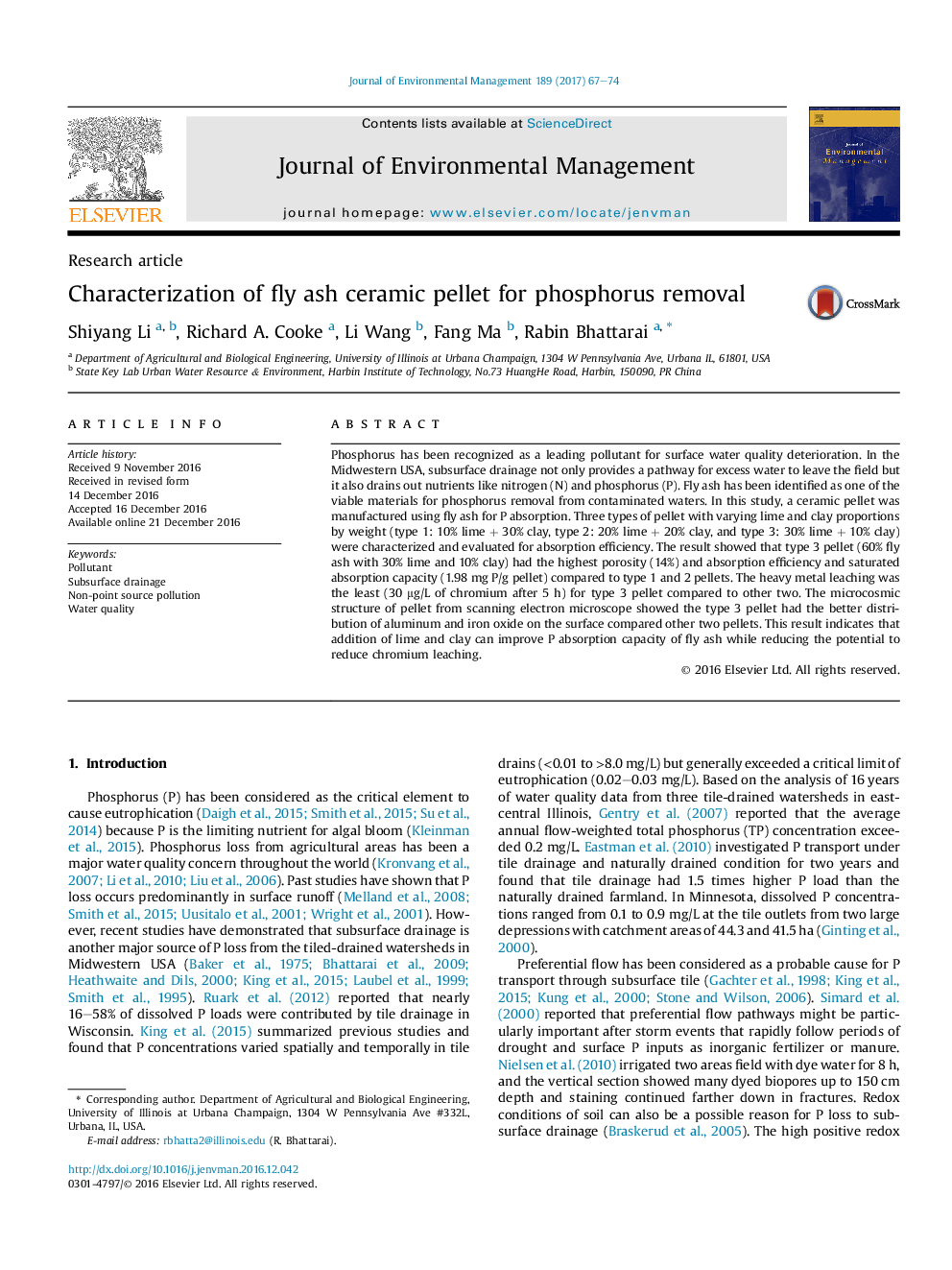 Characterization of fly ash ceramic pellet for phosphorus removal