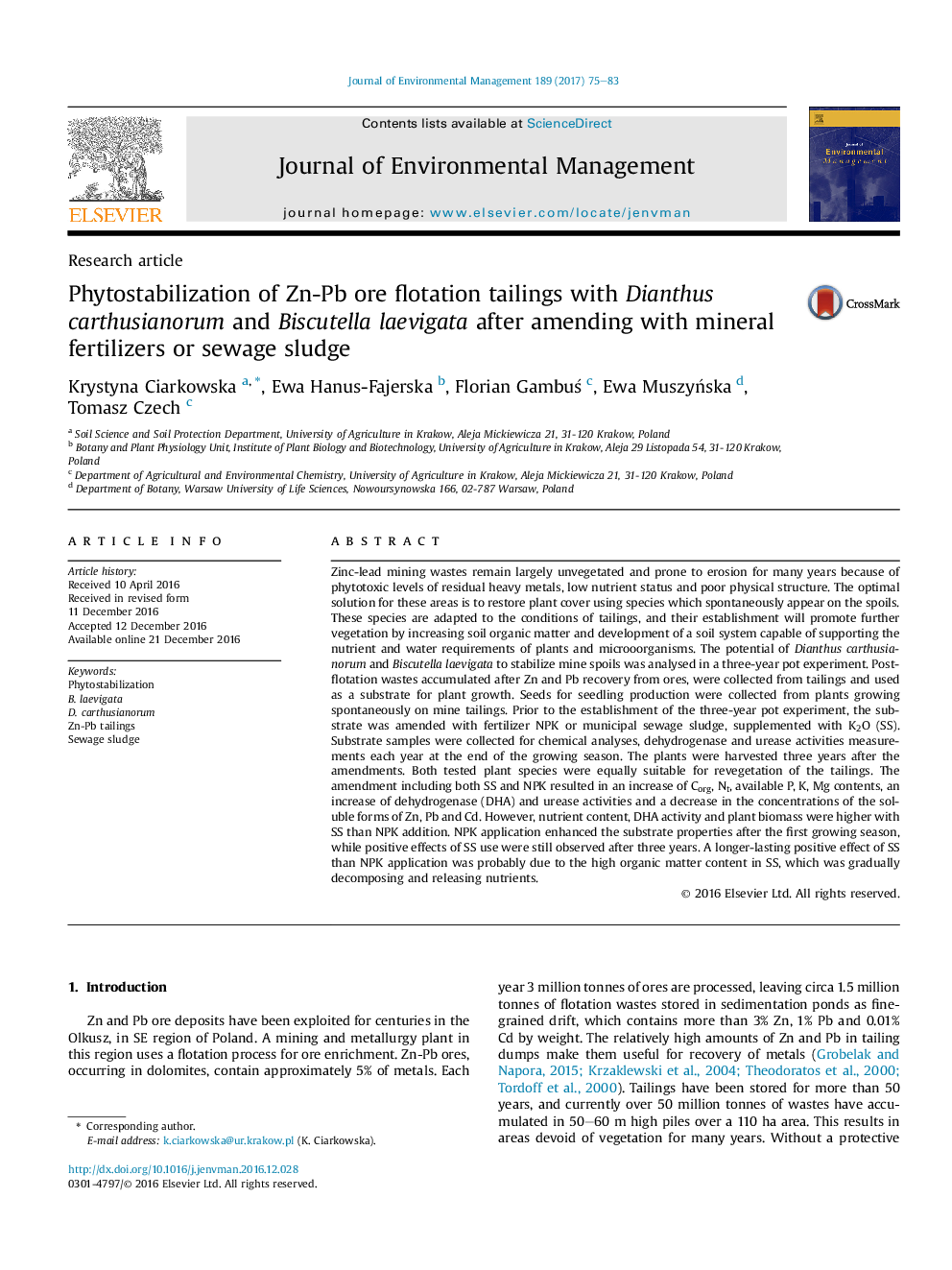 Phytostabilization of Zn-Pb ore flotation tailings with Dianthus carthusianorum and Biscutella laevigata after amending with mineral fertilizers or sewage sludge