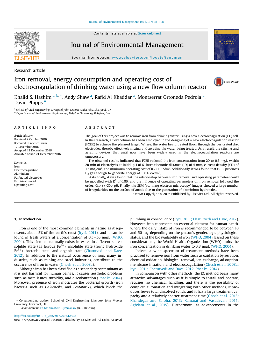 Iron removal, energy consumption and operating cost of electrocoagulation of drinking water using a new flow column reactor