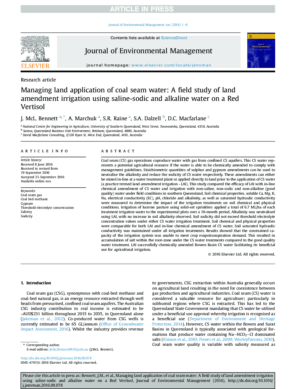 Managing land application of coal seam water: A field study of land amendment irrigation using saline-sodic and alkaline water on a Red Vertisol