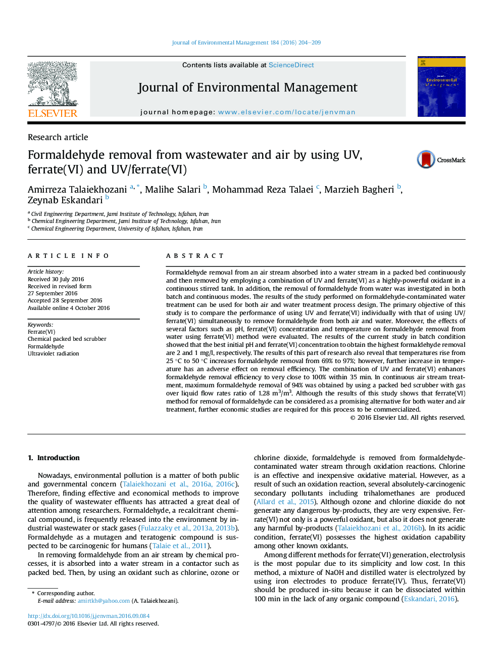 Formaldehyde removal from wastewater and air by using UV, ferrate(VI) and UV/ferrate(VI)