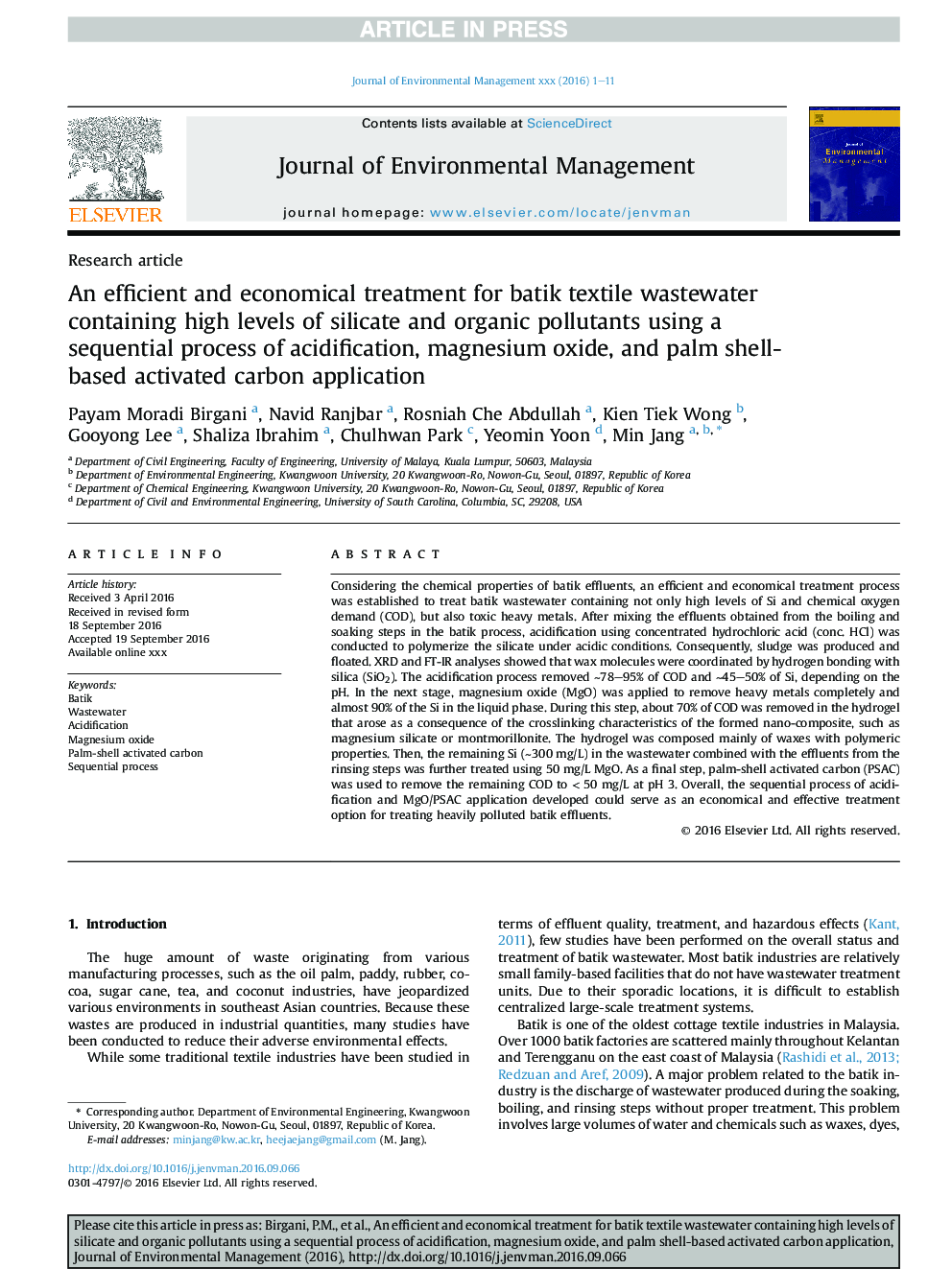 An efficient and economical treatment for batik textile wastewater containing high levels of silicate and organic pollutants using a sequential process of acidification, magnesium oxide, and palm shell-based activated carbon application