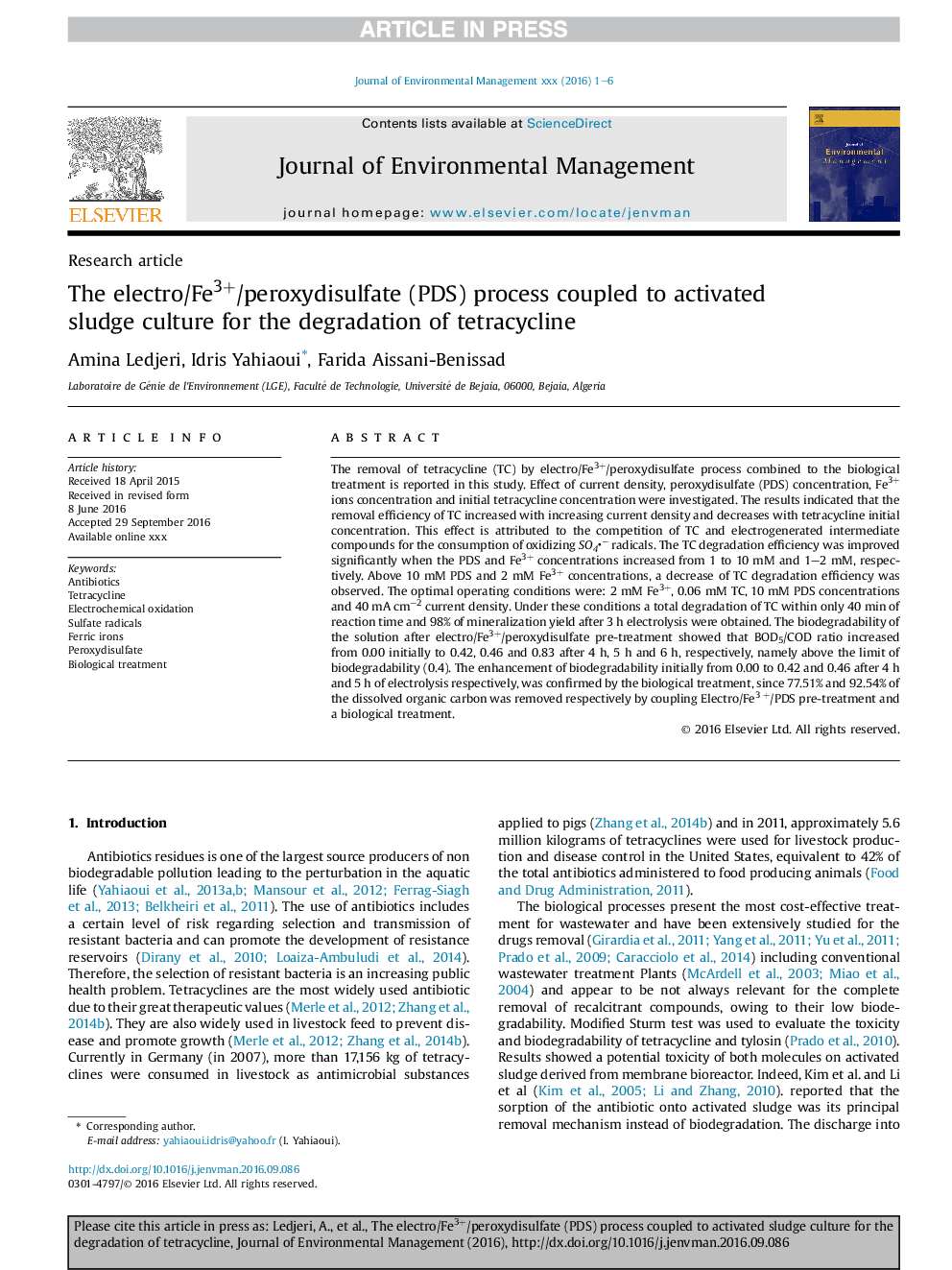 The electro/Fe3+/peroxydisulfate (PDS) process coupled to activated sludge culture for the degradation of tetracycline