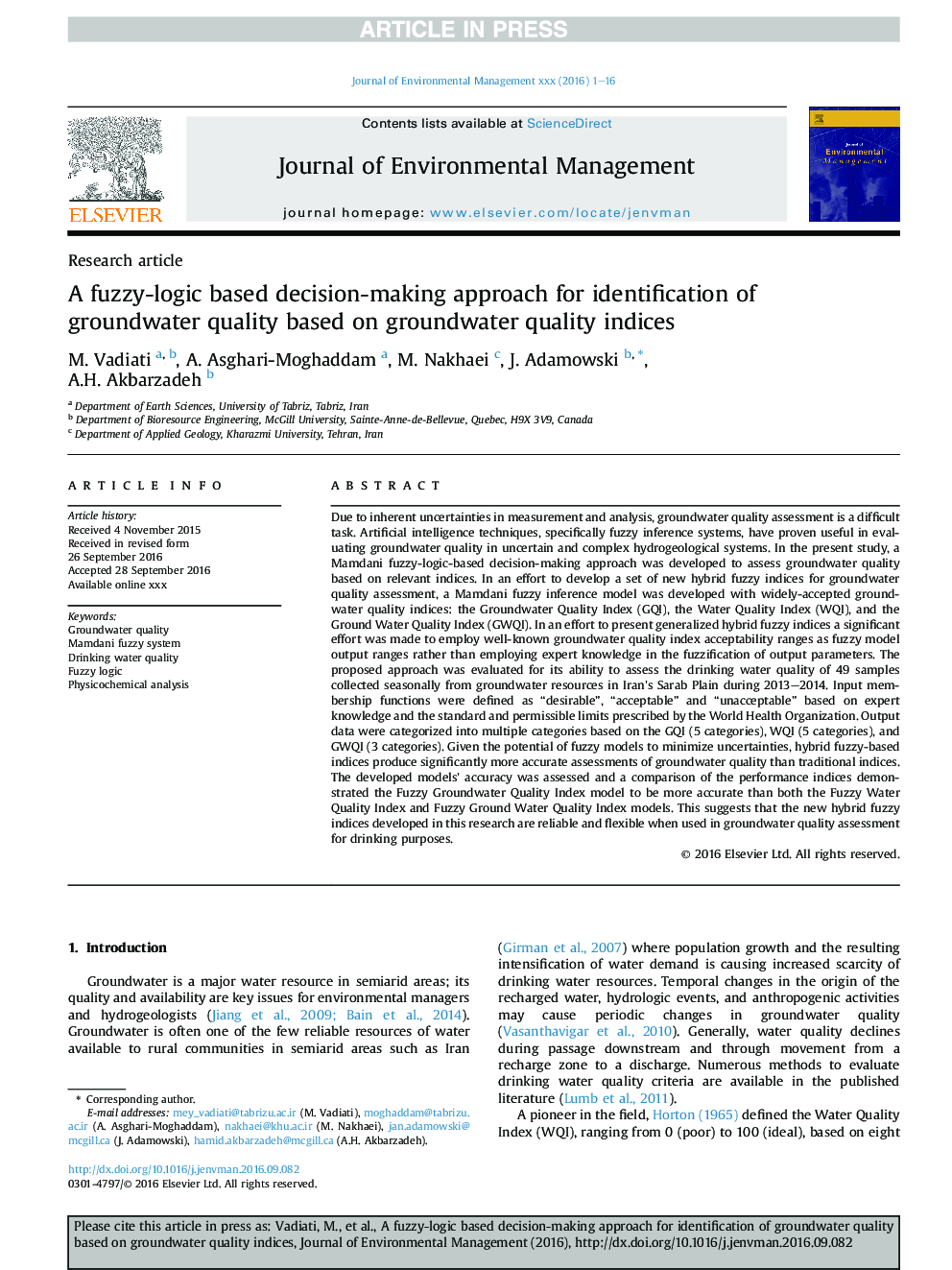 A fuzzy-logic based decision-making approach for identification of groundwater quality based on groundwater quality indices